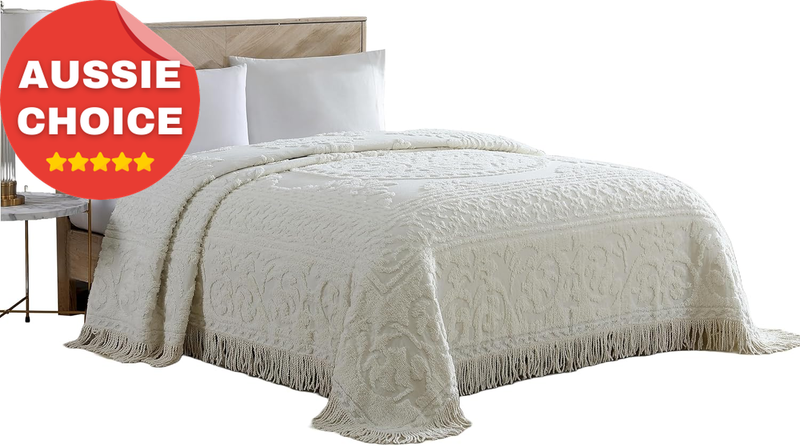 King Size Ivory Medallion Chenille Bedspread Luxury Bedding Home Decor Set