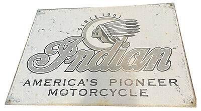 Vintage Indian Motorcycle 16”x12” White And Grey Weathered Sign Man Cave Garage