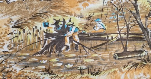 Vintage Retro Knit Fabric Country Scenes Fishing Swimming Mill Pond 60