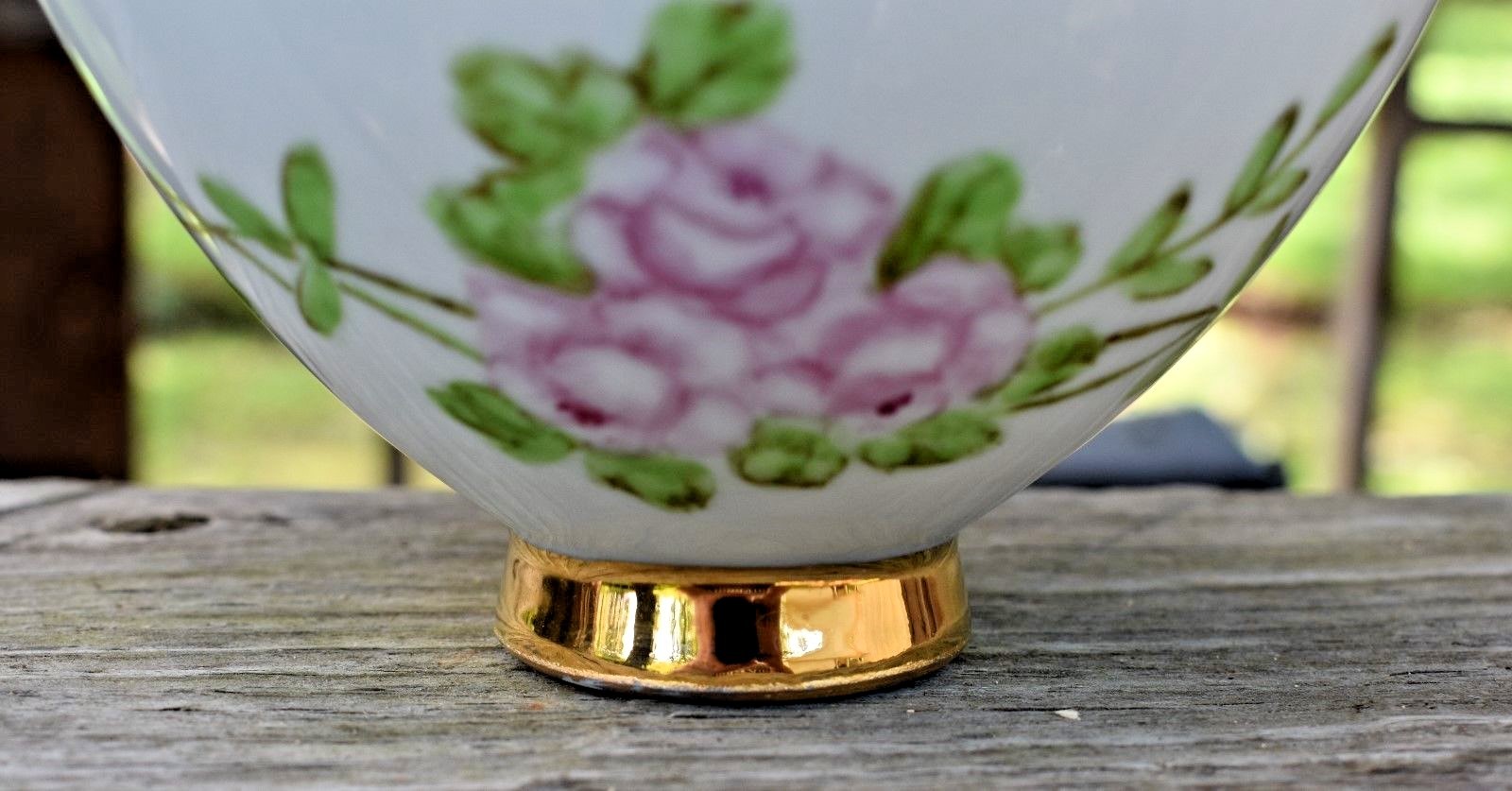 Hand painted Footed Bowl Dish Pink Flowers gold trim signed SK
