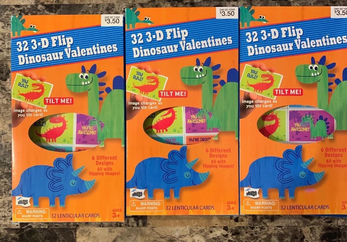 Lot Of 3 Mello Smello  32 3-D Flip Dinosaur Valentines Cards
