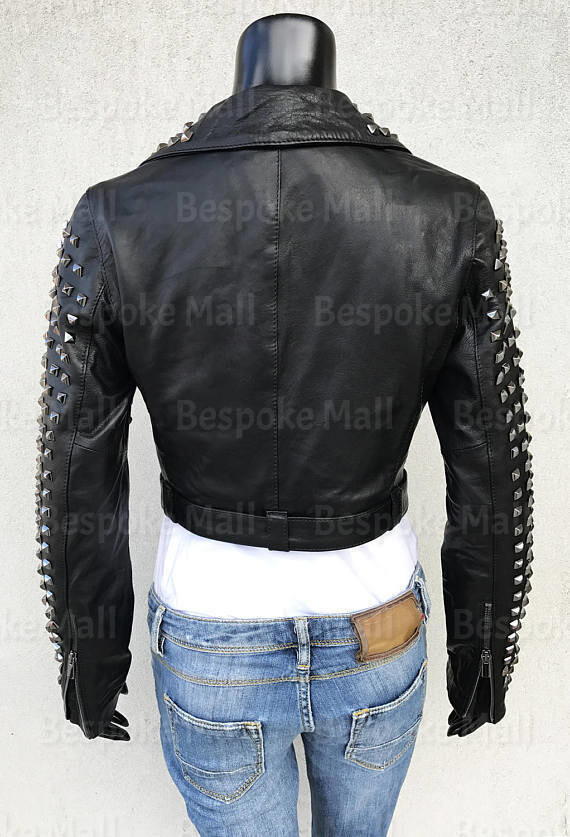 Pre-owned Handmade Women Punk Unique Silver Studded Brando Style Motorbike Leather Jacket-191