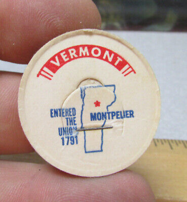 vintage state series 1960s milk bottle cap, Vermont, entered union 1791