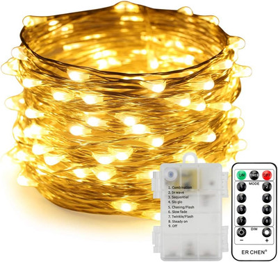 Erchen Battery Operated Silver Copper Wire Led String Lights, 33FT 100 Leds 8 Mo
