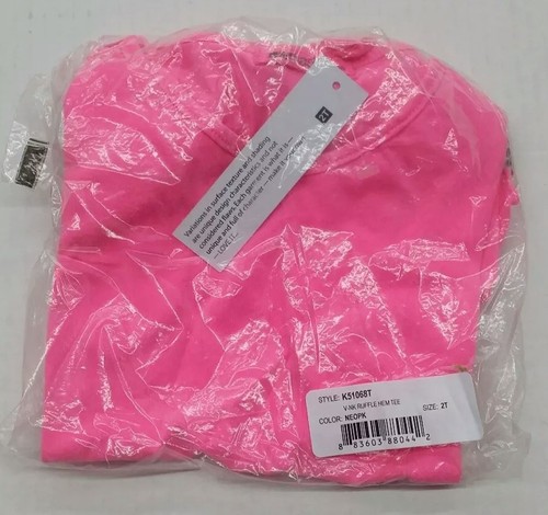 LAmade Tee Shirt 2t Neon Pink Short Sleeve V Neck Ruffle Hem Shirt Top Baby Girl