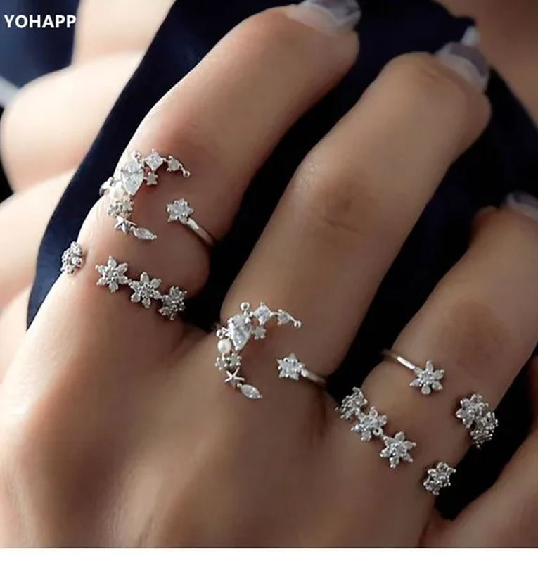 YOHAPP 5Pcs/Set Women Sterling Silver Boho Fashion Moon Diamond Ring Finger Knuckle Crystal Rings Wedding Jewelry