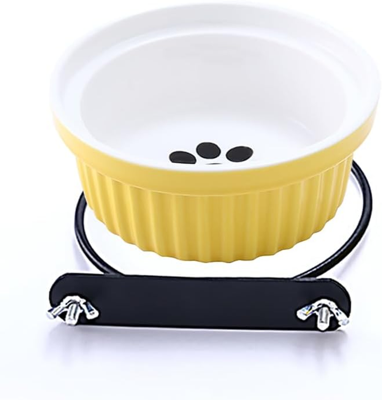2-in-1 Ceramic Pet Bowl Food Water Stainless Steel Hanger Crate Yellow