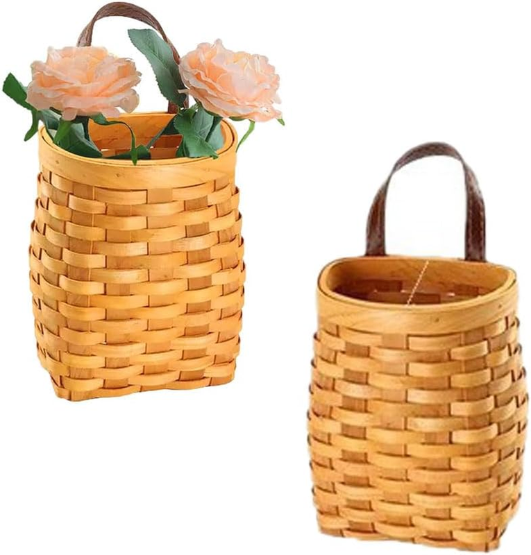 2Pcs Woven Hanging Planter Baskets, Vintage Woven Storage Planter, Woodwoven Wal