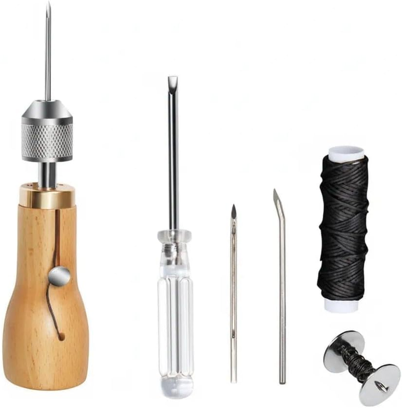 Sewing Awl and Leather Repair Kit with Wood Handle for Heavy Fabrics: Tents, Bac