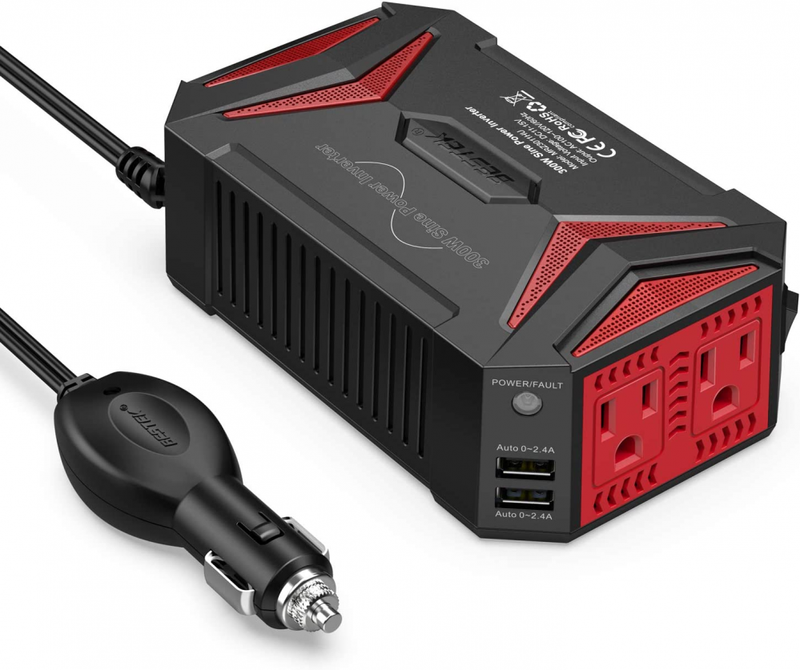BESTEK 300Watt Pure Sine Wave Power Inverter Car Adapter DC 12V to AC Black