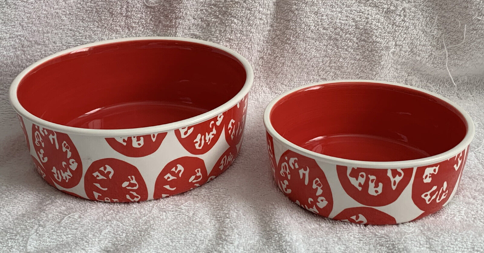 2 Crate & Barrel Ceramic Red & White Nesting Bowls 7.25