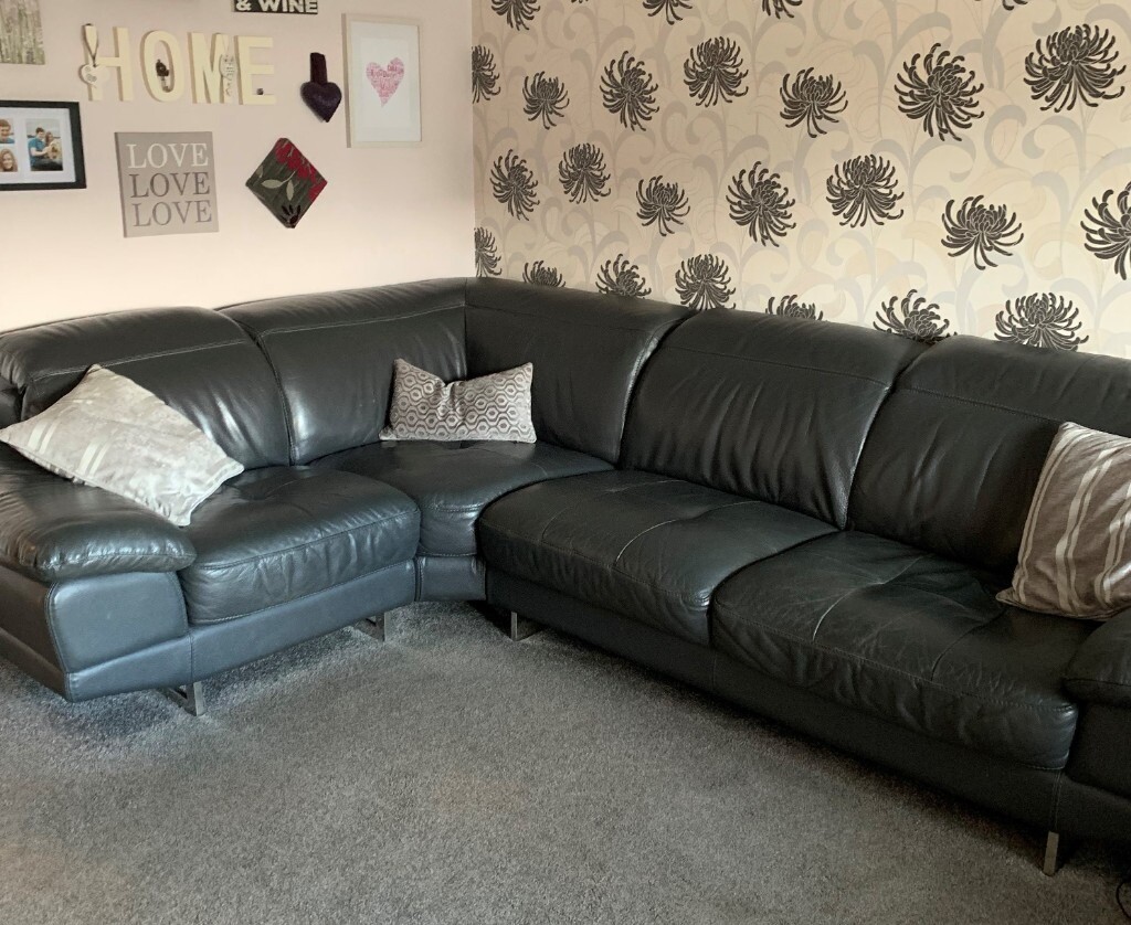 Large Leather Corner Sofa with Footstool Dark Grey in Tayport, Fife