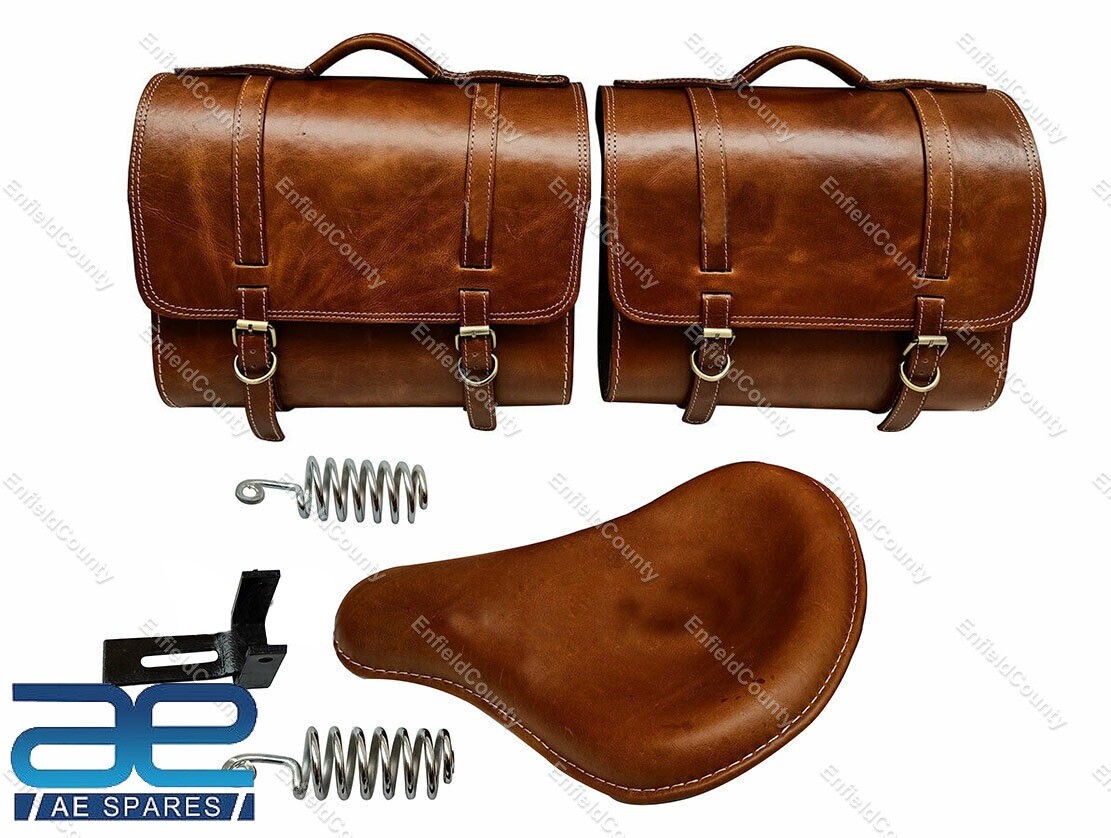 For Royal Enfield Classic 350 500 Brown Tan Front Leather Seats & Bags Pair 
