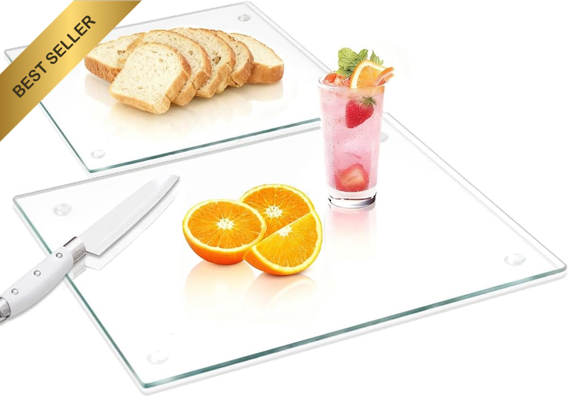Tempered Glass Cutting Boards, 2 Pack Clear Chopping Boards with Rubber Feet, Sc