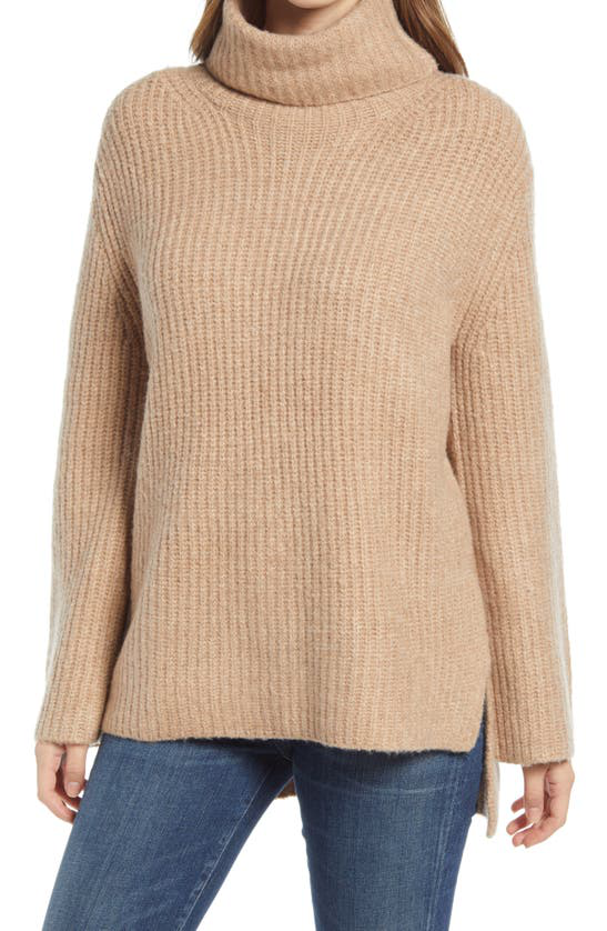 НОВИНКА NORDSTROM Tan Camel Dark Heather Уютный свитер с высоким воротником и раздельным краем M = 8/10