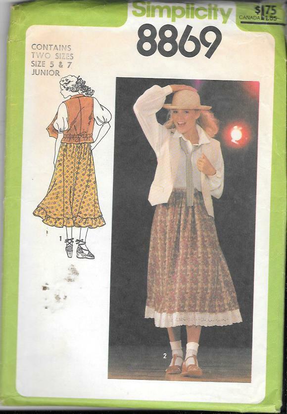 Vtg Simplicity #8869 Juniors Peasant Skirt, Tie & Unlined Vest...