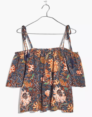 NEW MADEWELL S Swing Top Silk Botanical Print Off Shoulder Ties Cropped Boho