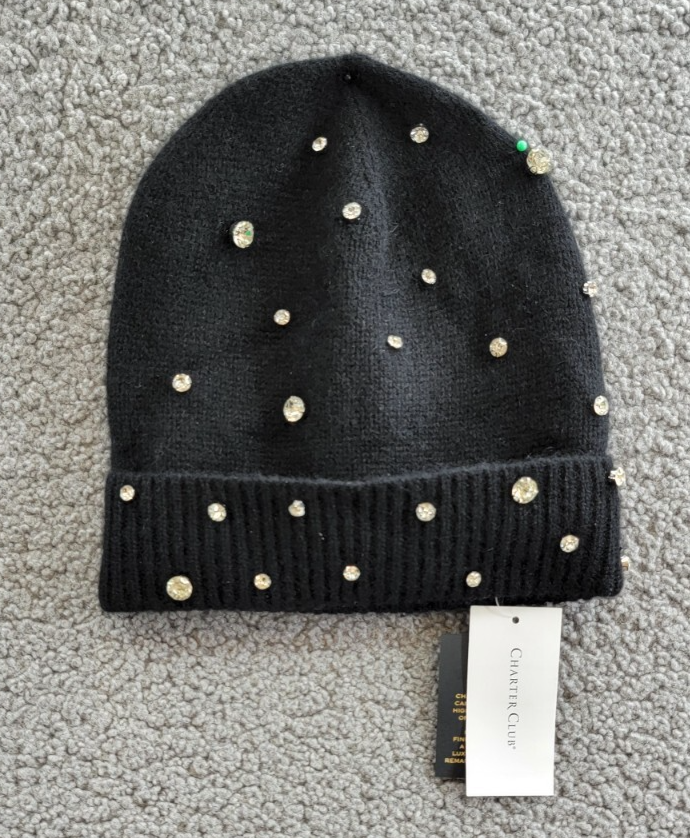 Charter Club Cashmere Embellished Cuffed Beanie Women's One Size Classic Black~ - Picture 2 of 15