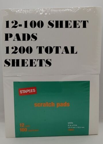 12 Pads, STAPLES Note Pads / Scratch Pads  4” X 6” - 1200 total Sheets ,  White
