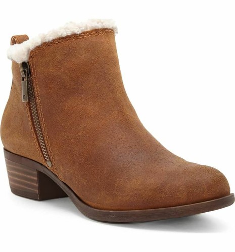 Pre-owned Lucky Brand Women's Baselsher Cedar Brown Fut Lined Basel Side Zip Ankle Bootie