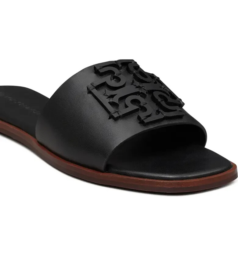 Pre-owned Tory Burch Ines Logo Slide Leather Sandal Black Us 8.5 Authentic