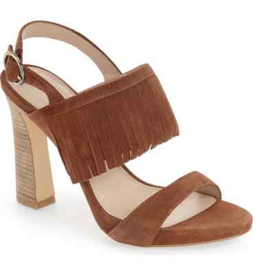 NIB PELLE MODA Nora Cognac CALF SUEDE Sling Back Fringe Heel Sandals Womens SZ 6