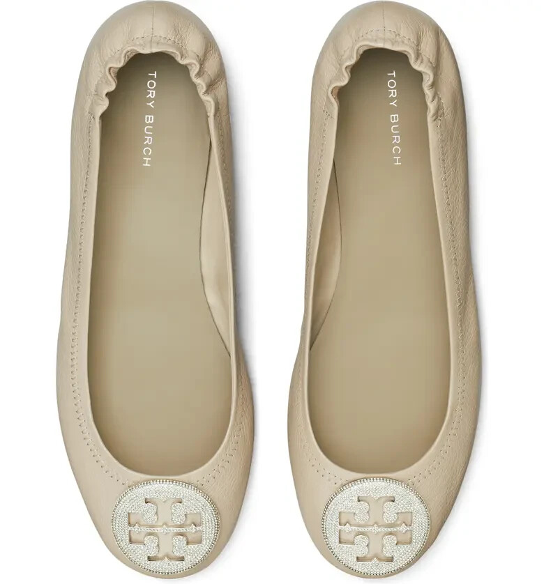 Pre-owned Tory Burch Crystal Logo Pave Minnie Leather Travel Ballet Flat Gray Us 9.5