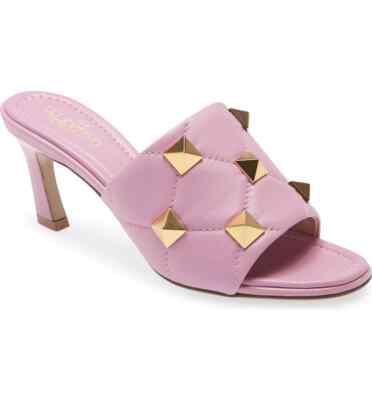 Valentino Garavani Light Pink/Gold Roman Stud Quilted Slide