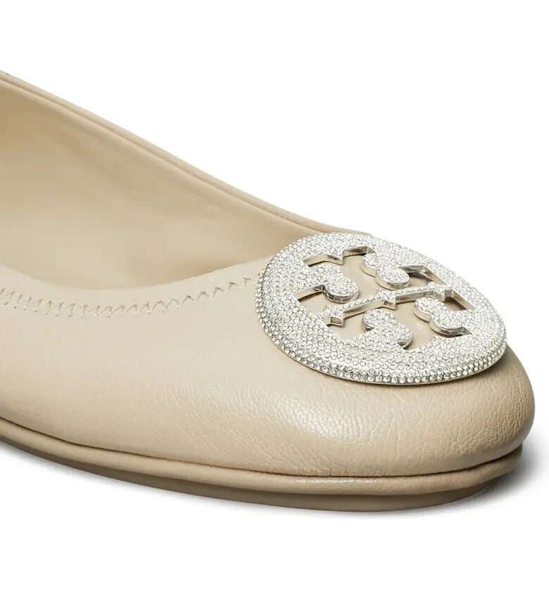 Pre-owned Tory Burch Crystal Logo Pave Minnie Leather Travel Ballet Flat Gray Us 9.5