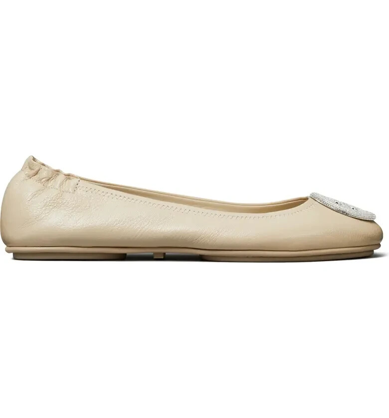 Pre-owned Tory Burch Crystal Logo Pave Minnie Leather Travel Ballet Flat Gray Us 9.5