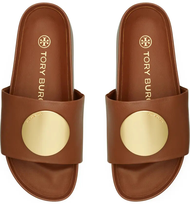 Pre-owned Tory Burch Patos Platform Leather Slide Burnt Cuoio Brown 6.5 7 7.5 8 8.5 9