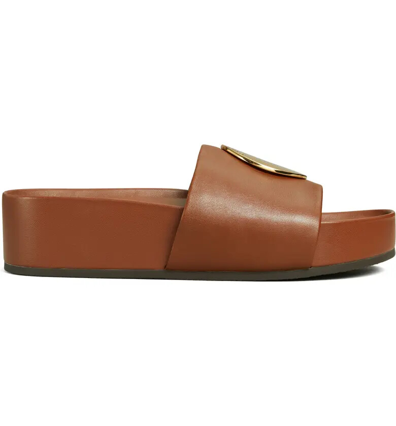 Pre-owned Tory Burch Patos Platform Leather Slide Burnt Cuoio Brown 6.5 7 7.5 8 8.5 9