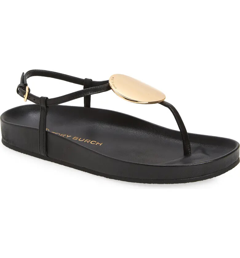 Pre-owned Tory Burch Patos Disk Leather Thong Sandal Black Us 6.5 7 7.5 8 8.5 9 9.5
