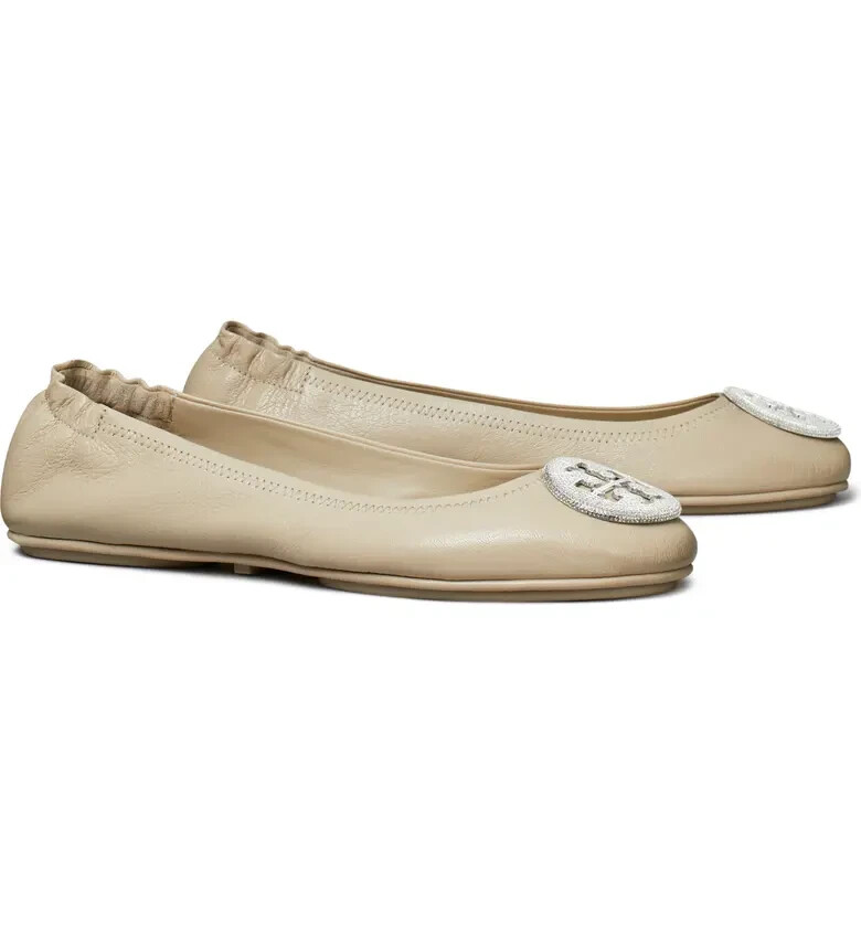 Pre-owned Tory Burch Crystal Logo Pave Minnie Leather Travel Ballet Flat Gray Us 9.5