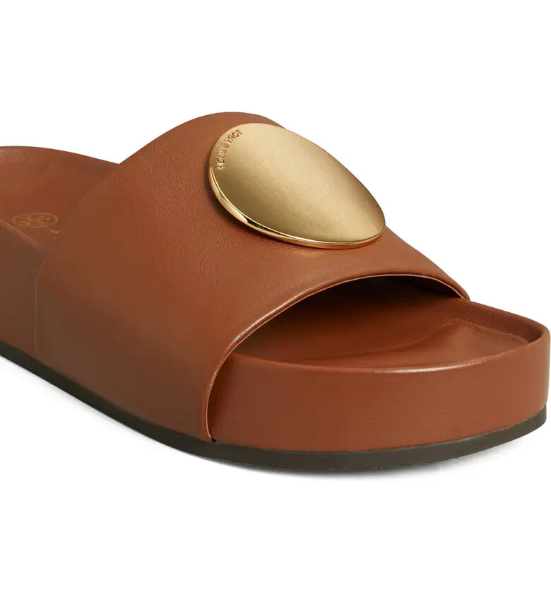 Pre-owned Tory Burch Patos Platform Leather Slide Burnt Cuoio Brown 6.5 7 7.5 8 8.5 9