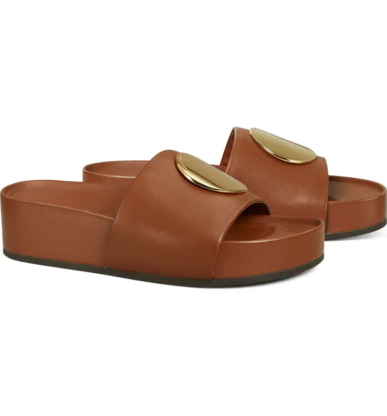 Pre-owned Tory Burch Patos Platform Leather Slide Burnt Cuoio Brown 6.5 7 7.5 8 8.5 9