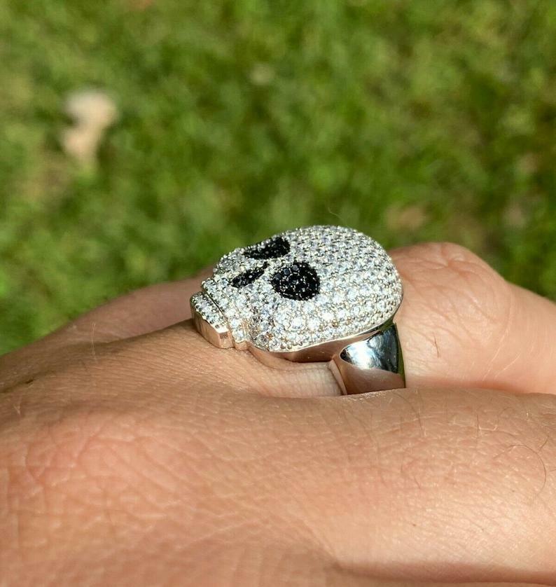 Pre-owned Online0369 1.18 Ct Black White Cubic Zirconia Mens Skull Head Ring White Gold Plated