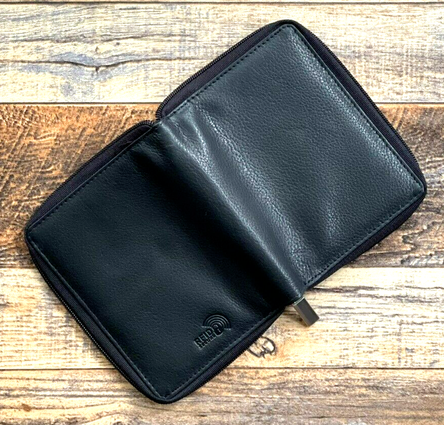 RFID Genuine Leather Mens Zipper Bifold Wallet Hipster Cowhide Credit Card Black