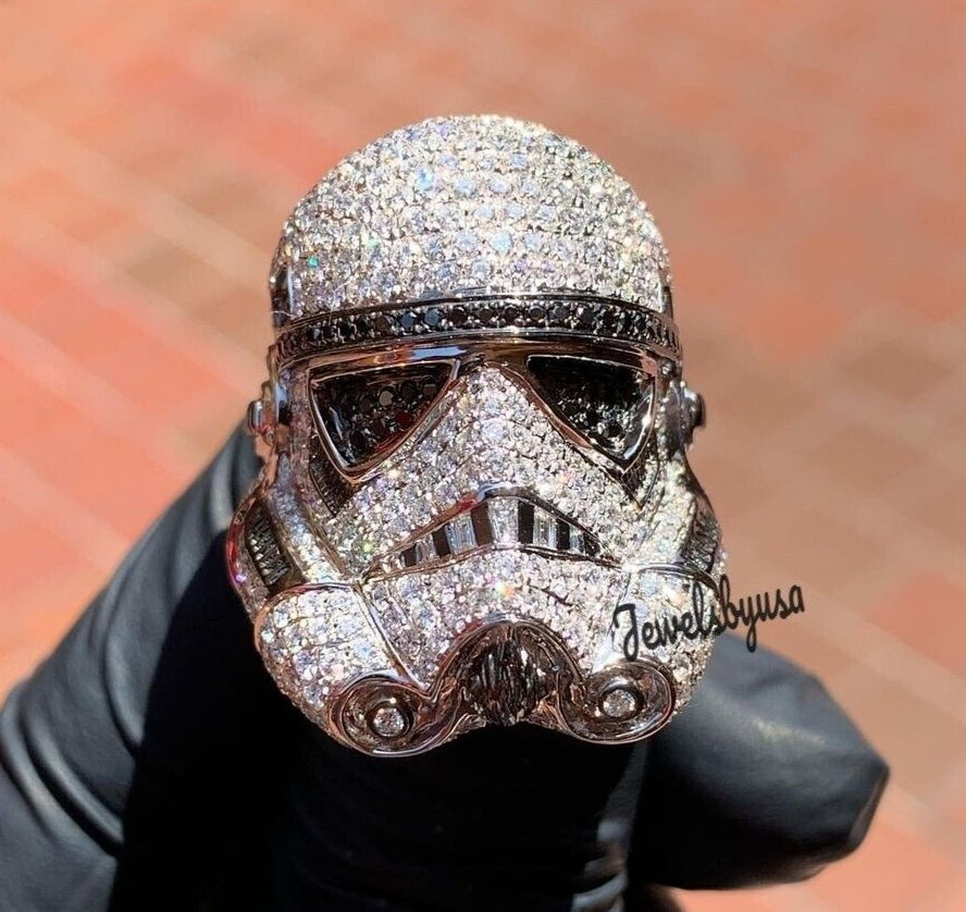 Pre-owned Nsg 925 Sterling Silver Black & White Real Moissanite Stormtrooper Ring Gift For Him
