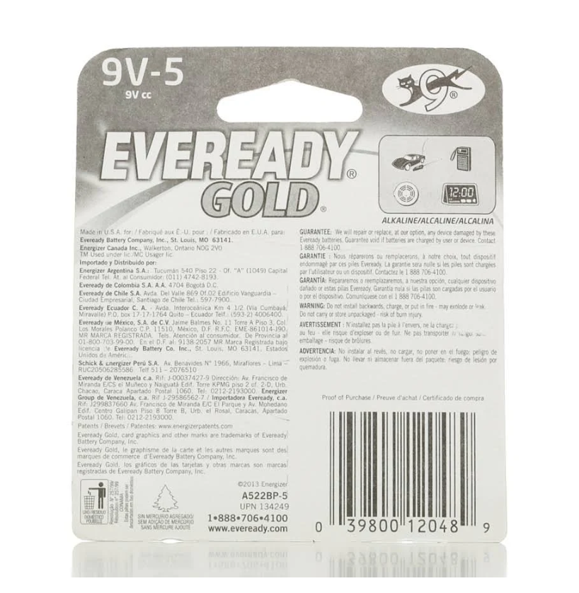 Eveready 9V Gold Alkaline Battery 5 pack EXP 12/2019