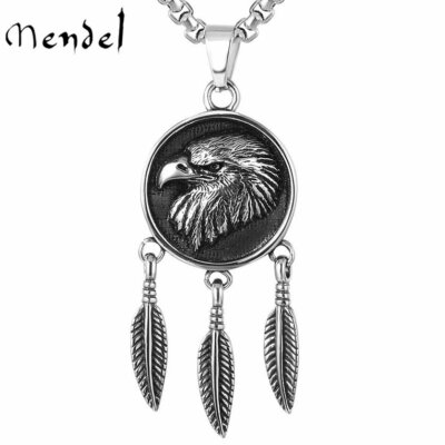 MENDEL Mens Stainless Steel Fashion Eagle Bird Head Feather Pendant Necklace Set