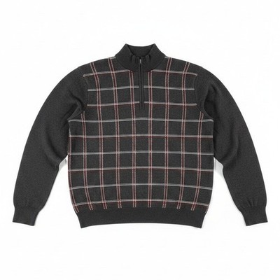 Greg Norman Quarter Zip Sweater, Charcoal Gray Plaid Windowpane, Men's Large