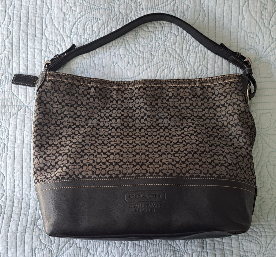Coach Signature Jacquard Black Leather Canvas Bucket Handbag