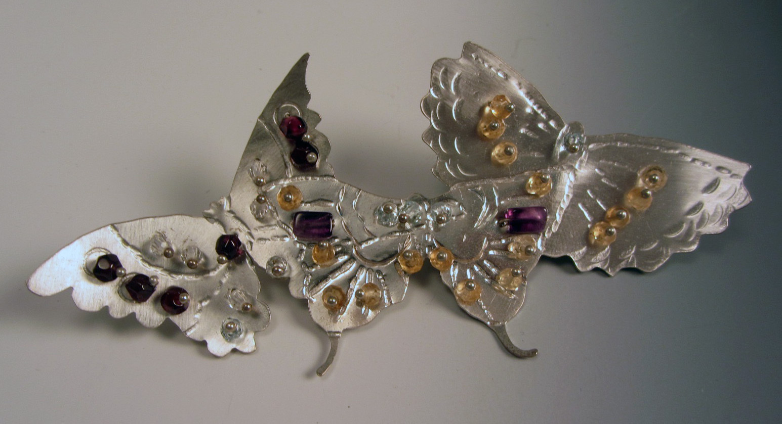 Unique Brooch Sterling Silver Butterflies Topaz Amethyst Garnet Citrine OOAK