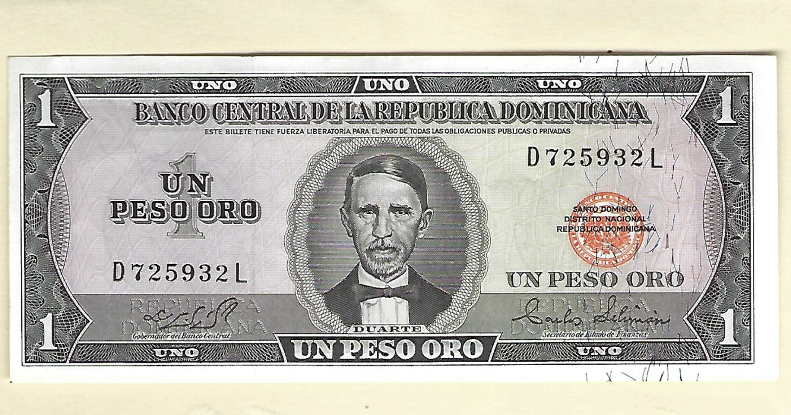 Dominican Republic 1 Peso Oro Paper Money 1975 Banknote