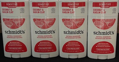 4 PCK Schmidt's Aluminum Free Natural Deodorant Coconut & Kaolin Clay 2.65 Oz 