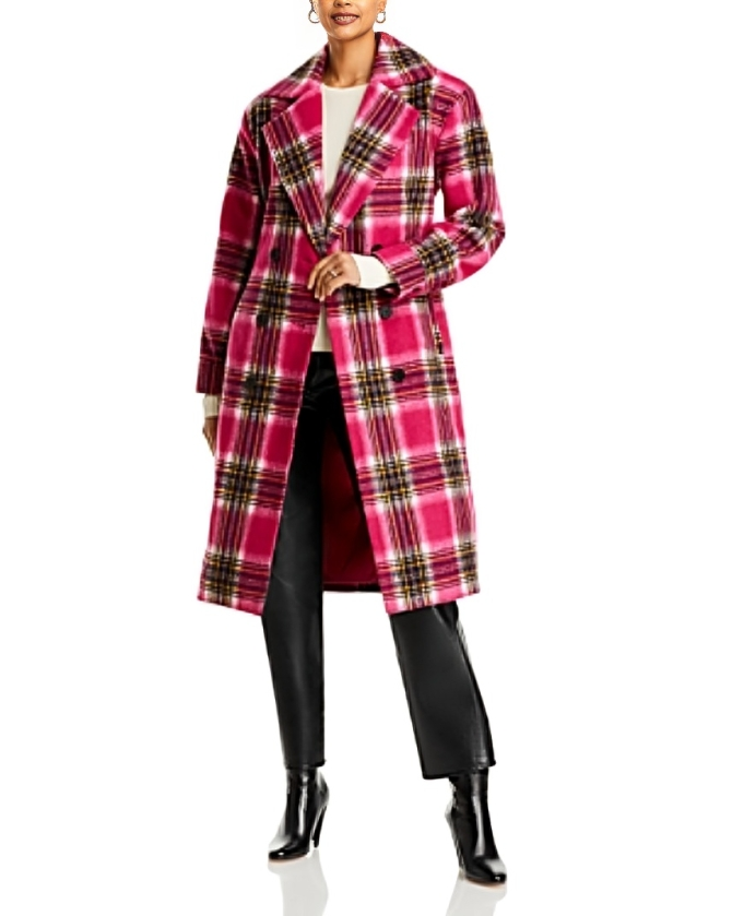 AQUA Plaid Duster Trench Coat Women's XS Pink/Black Collared Button Front L/S - Picture 1 of 19