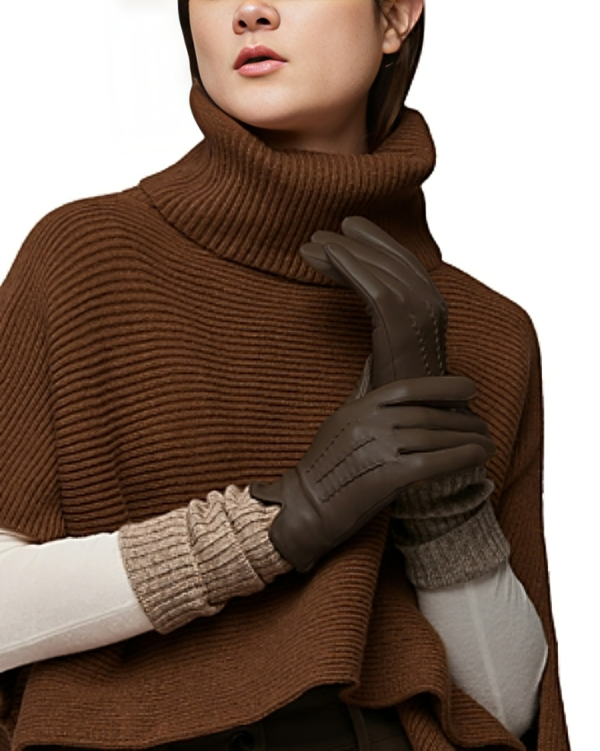 Soia & Kyo Carmel Leather & Ribbed Knit Tech Wool Blend Gloves Womens S Mushroom - Picture 1 of 14