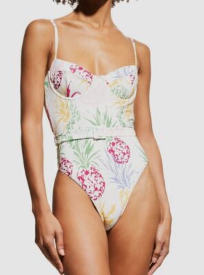 $326 Milly Women's White Tropical Pineapple Belted One Piece Swimsuit Size Small