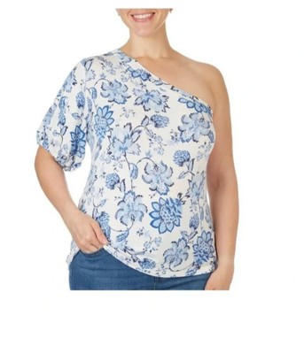 Cooper & Ella  One-Shoulder Blue Floral Top Size Medium NWT